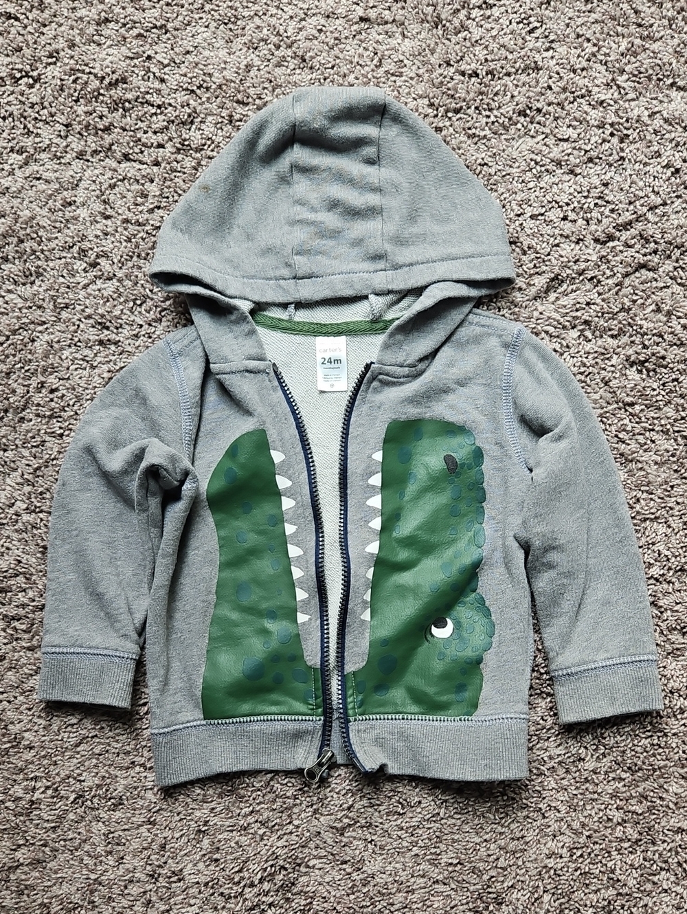VGUC Carter's Gray with Green Dinosaur T-rex Hoodie Sweatshirt Size 24 Months